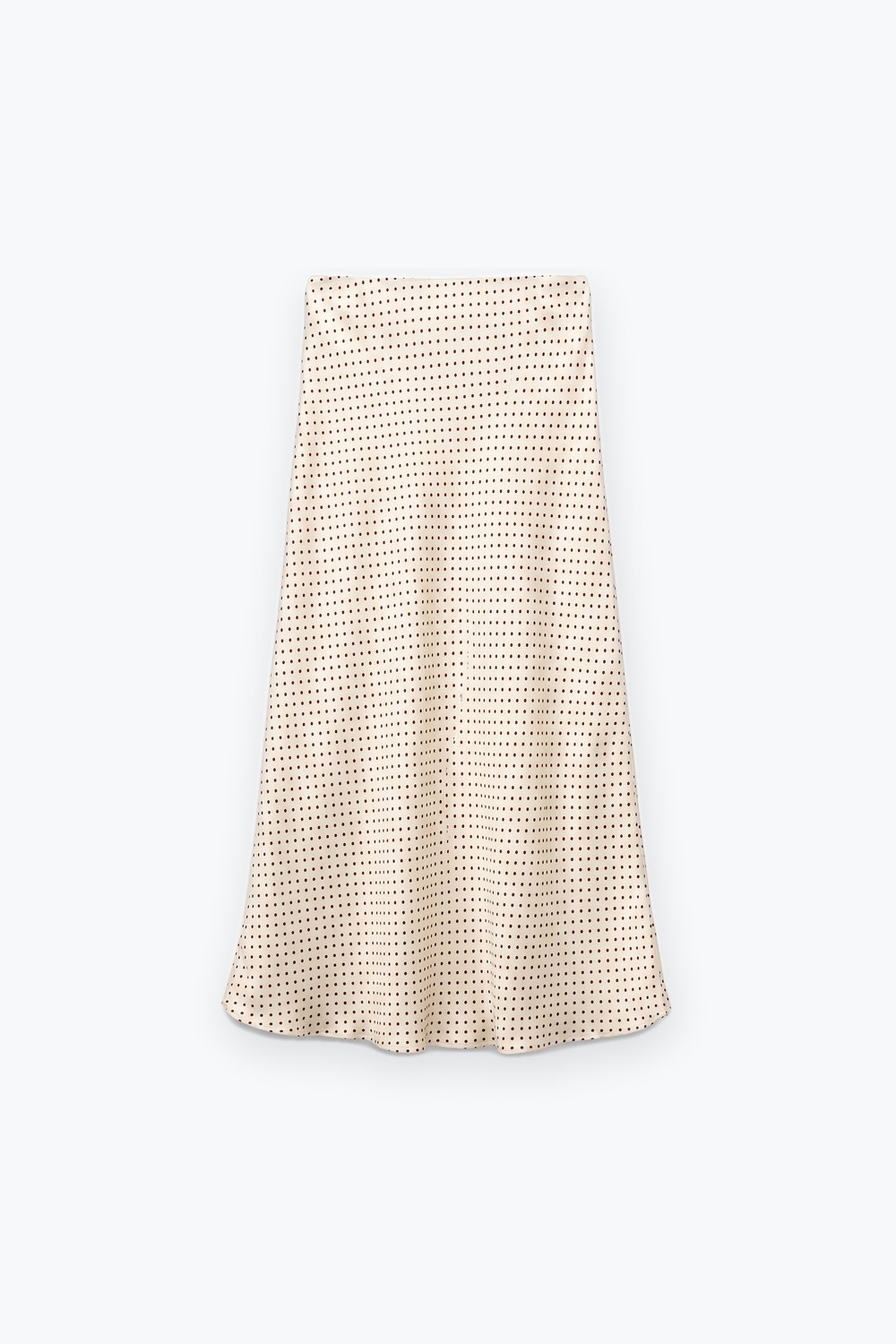Falda midi de sat&eacute;n con corte al bies y estampado de lunares beige sin pretina