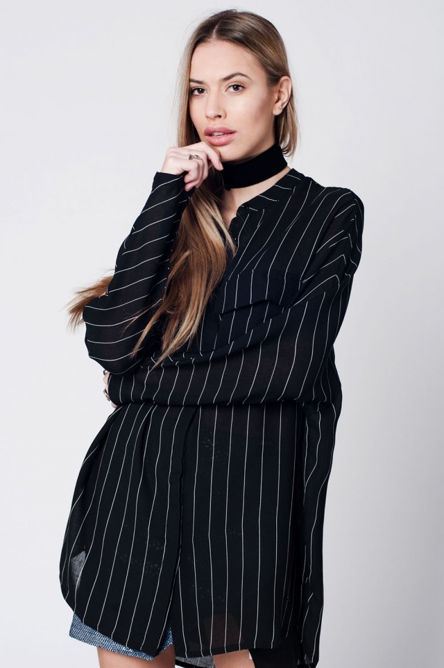 Black stripe long shirt with chest pockets