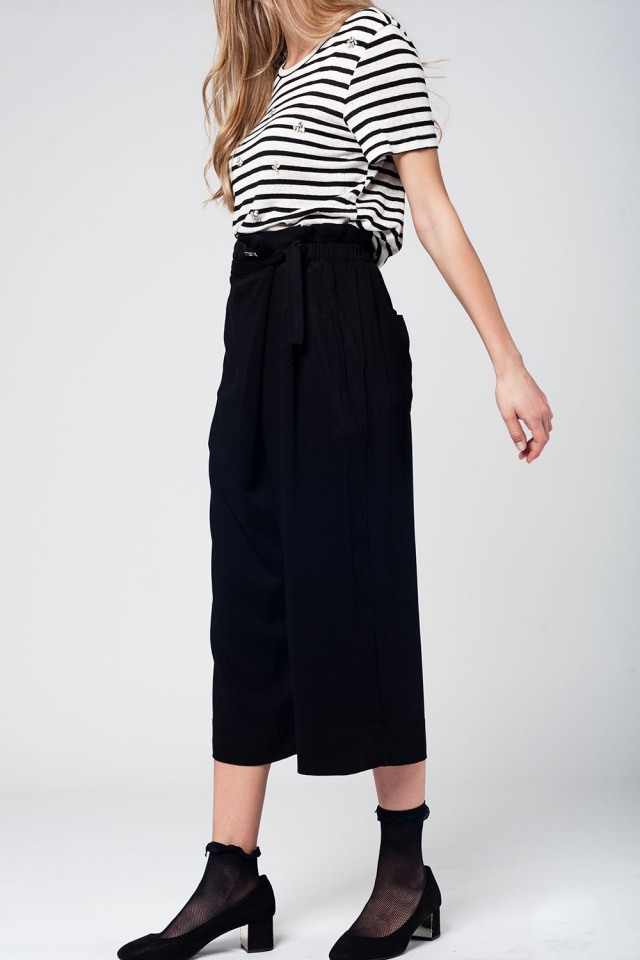 Black culotte with tie waist and stretch back