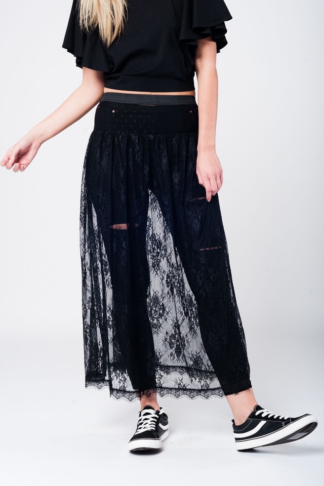 Black lace long skirt