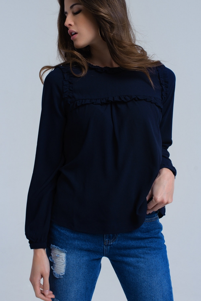 Navy shirt with ruffle detail