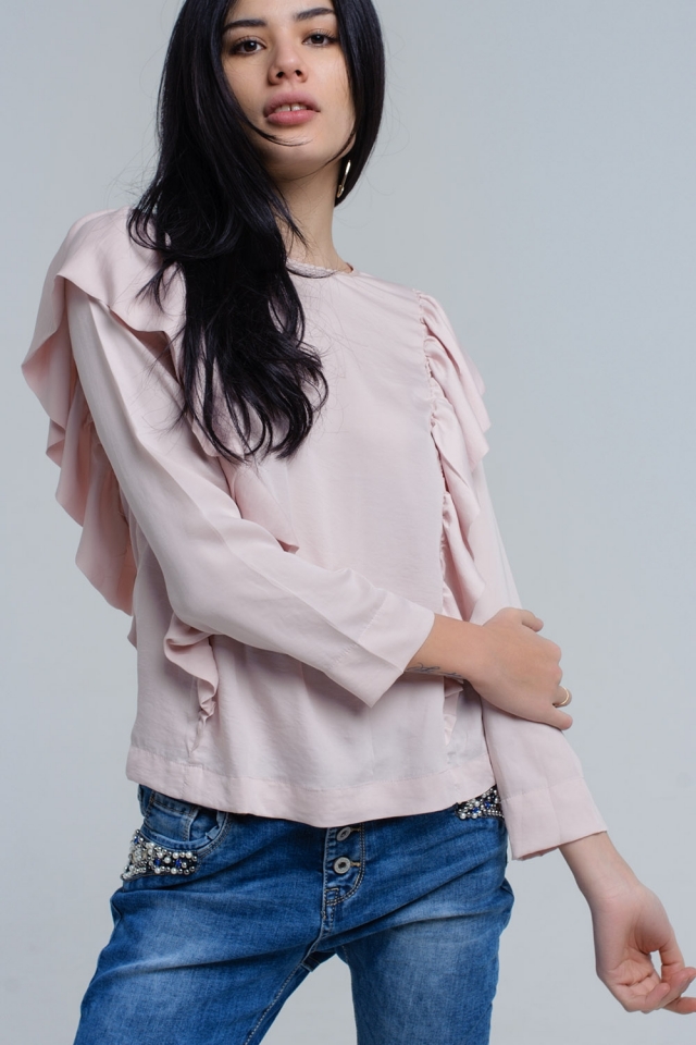 Top with ruffle detail in pale pink