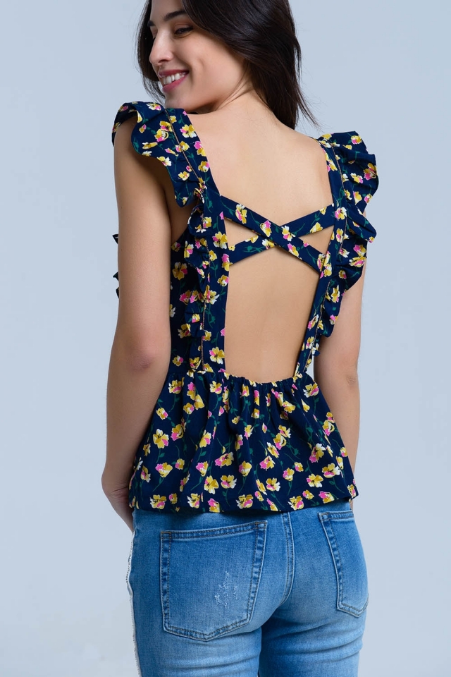 Camicia incrociata blu scuro con volant