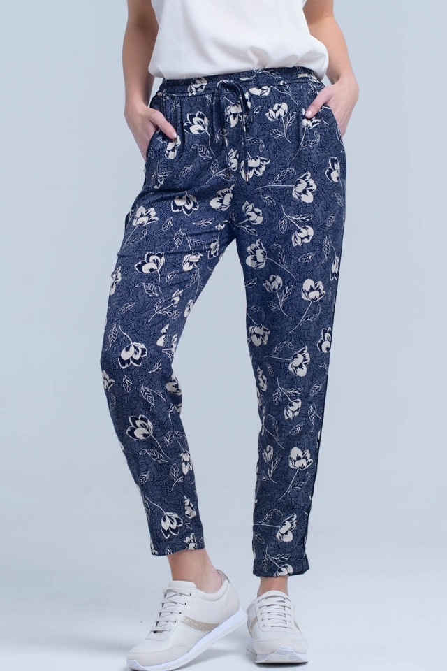 Pantalon bleu marine à imprimé floral