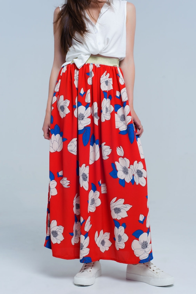 Red long skirt with printed flowers
