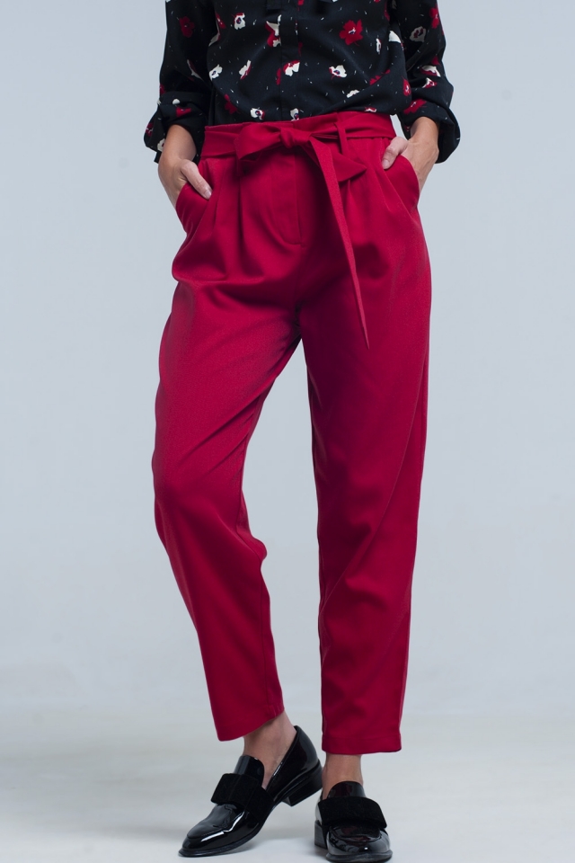 High waist red pants with belt