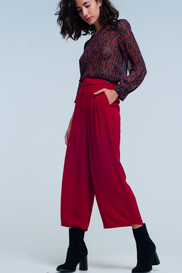 Culottes vermelha Perna larga com detalhe de cintura