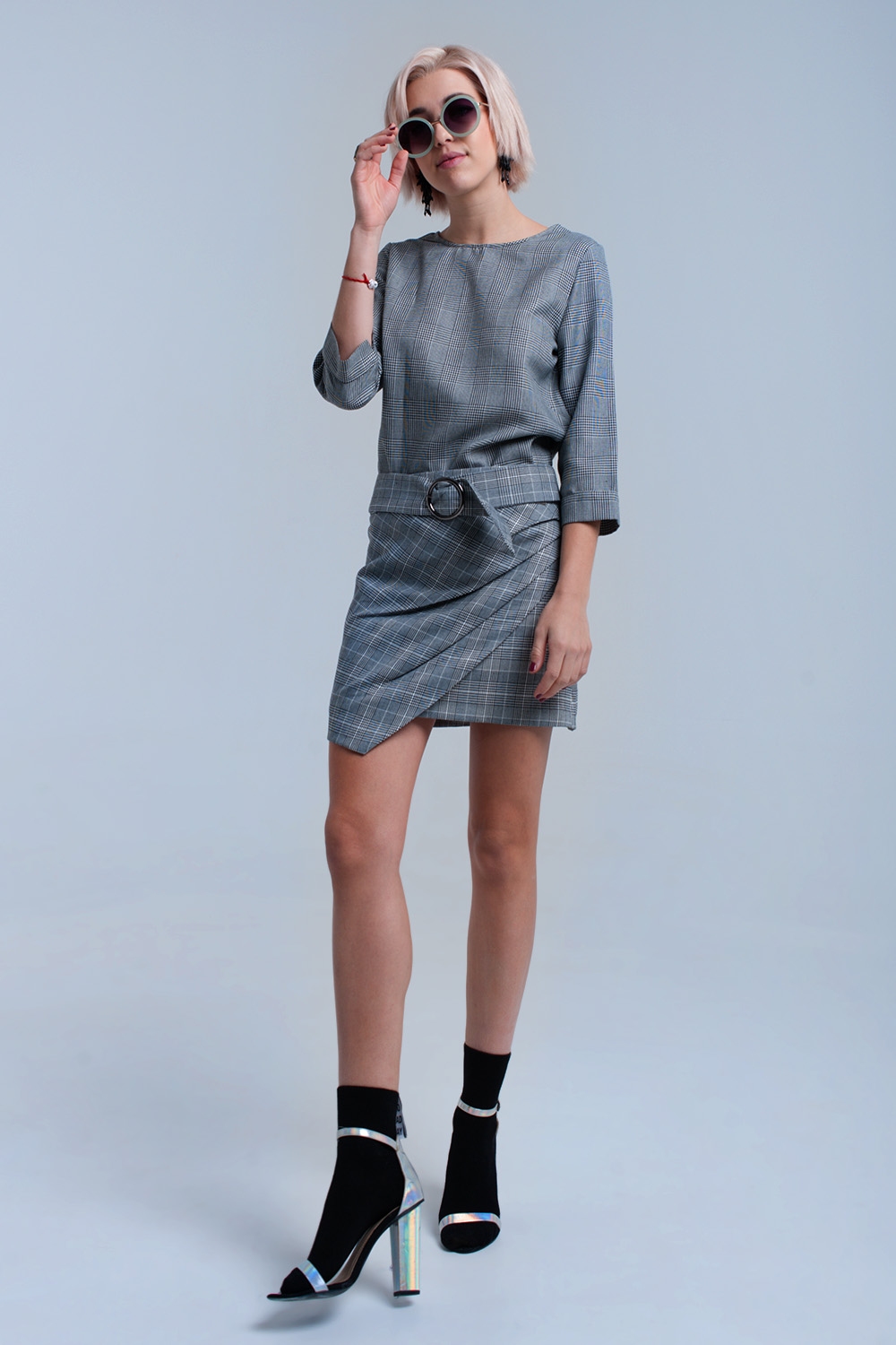 Top de tartán gris con cintas Top de tartán gris con cintas