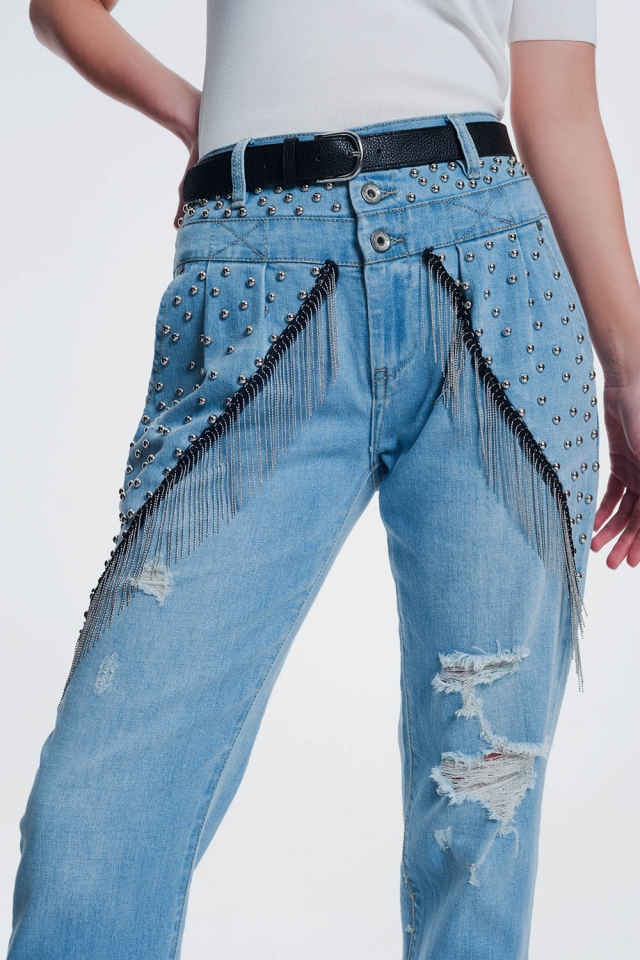 jeans dritti strappati vintage con borchie