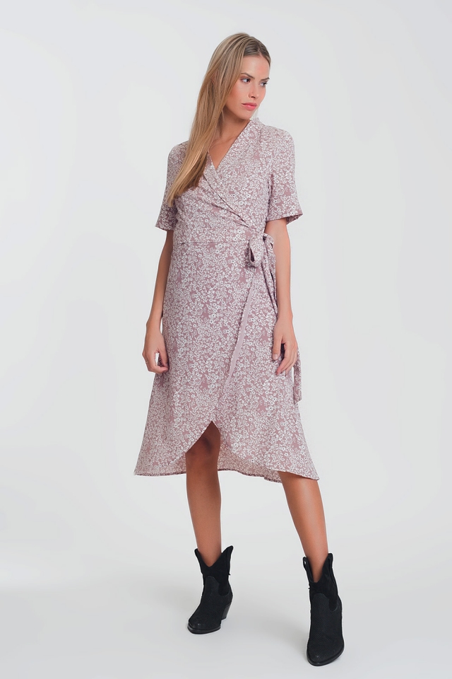 Midi-jurk met overslag en roze bloemenprint