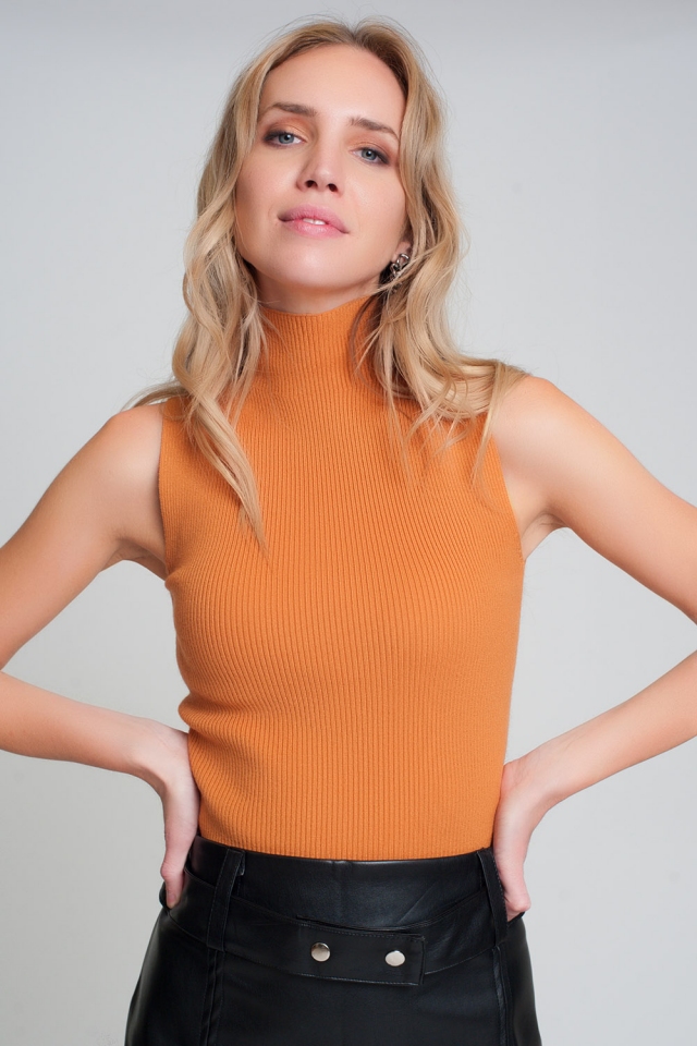Geribbelde mouwloze trui met opstaande kraag in oranje
