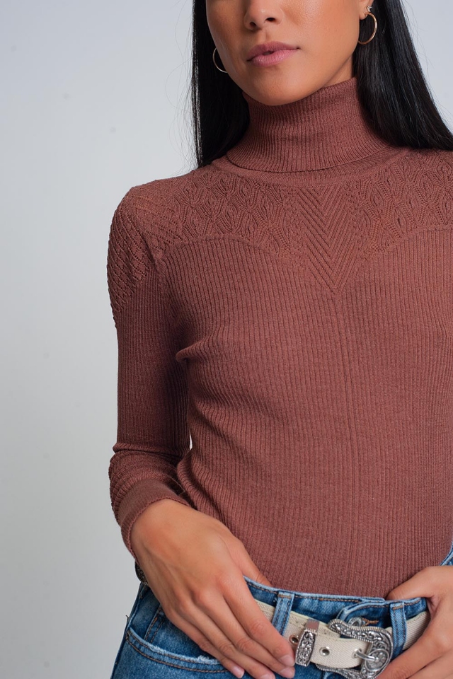 Soft ribbed sweater with turtleneck in camel