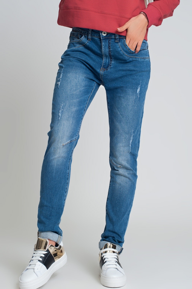 Blauwe boyfriend jeans met versleten ontwerp