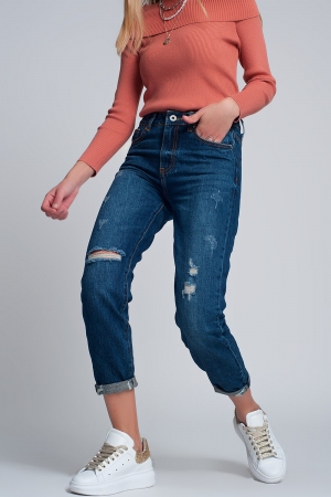 Vaqueros Mom de corte slim y talle alto con rotos en la parte frontal en azul
