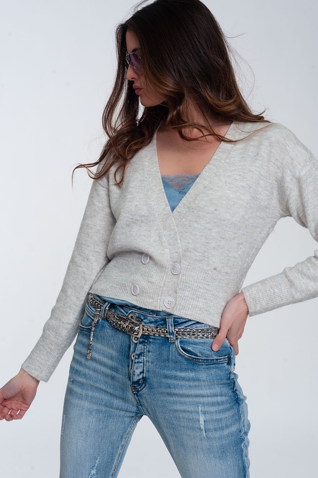 Button front cropped knit cardigan in light gray