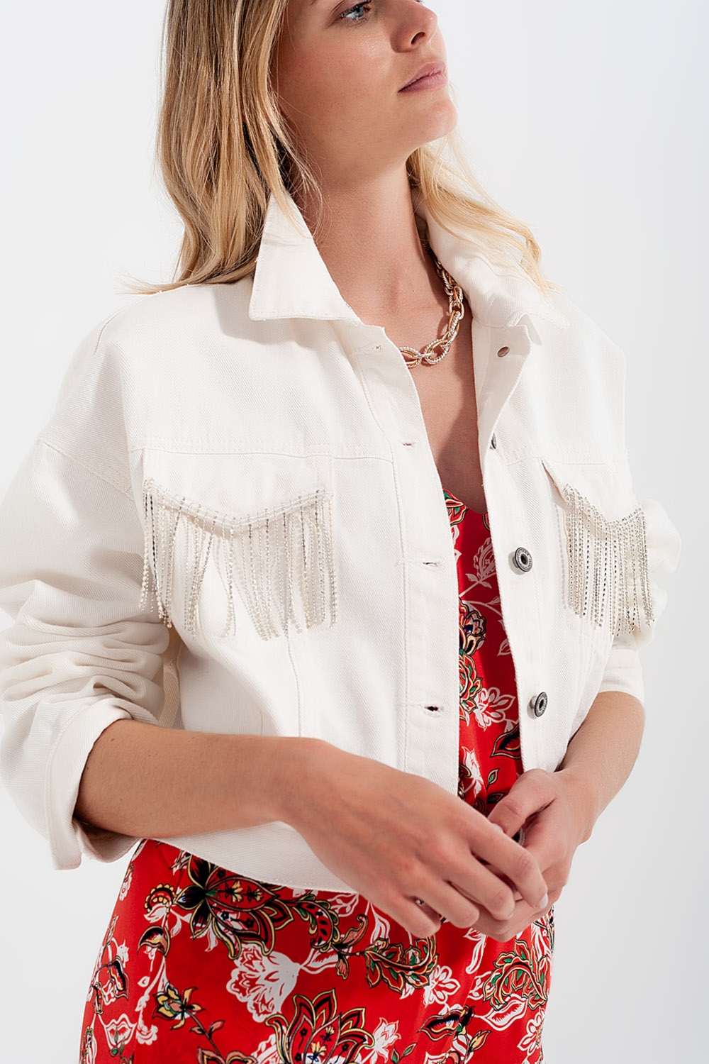 Chaqueta vaquera blanco con flecos de strass Chaqueta vaquera blanco con flecos de strass