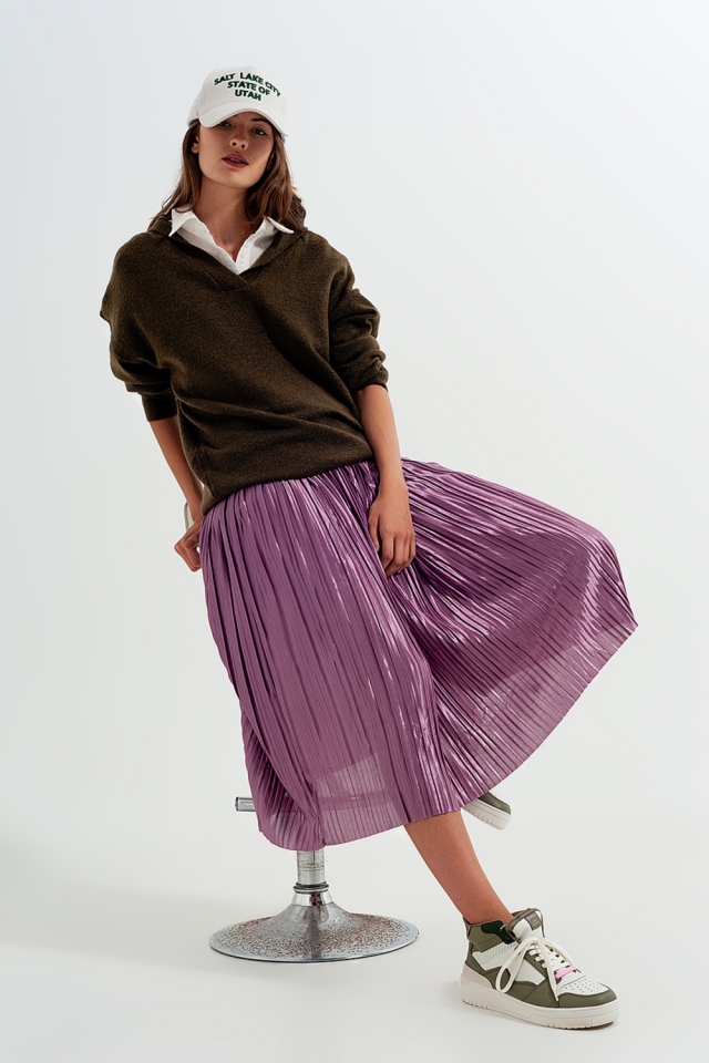 Shiny purple pleated midi skirt