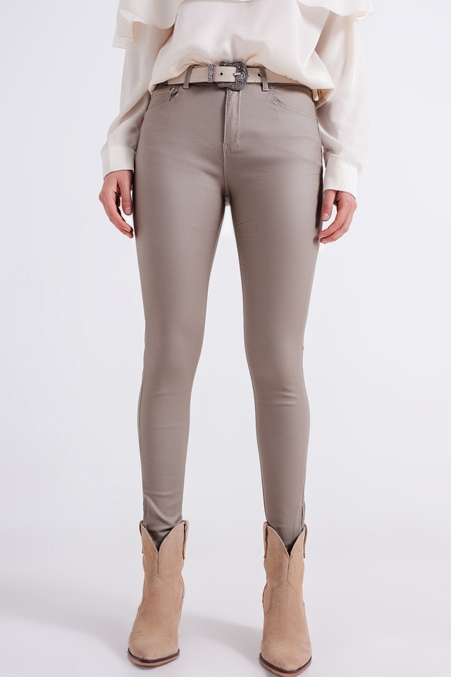 Skinny zip hem pants in beige