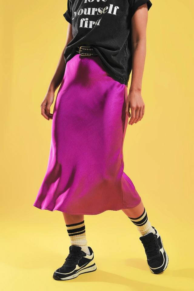 Satin bias midi slip skirt in fuchsia