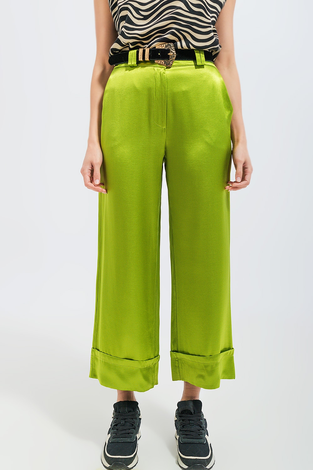 Pantalones de traje de pernera ancha de satén verdes Pantalones de traje de pernera ancha de satén verdes
