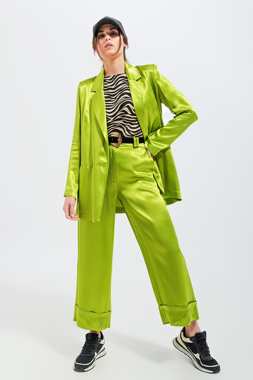 Pantalones de traje de pernera ancha de satén verdes Pantalones de traje de pernera ancha de satén verdes