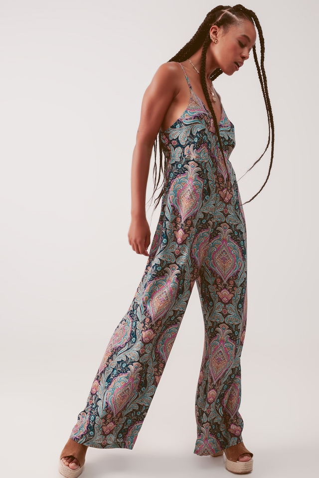 Tuta jumpsuit a fondo ampio con stampa cachemire blu
