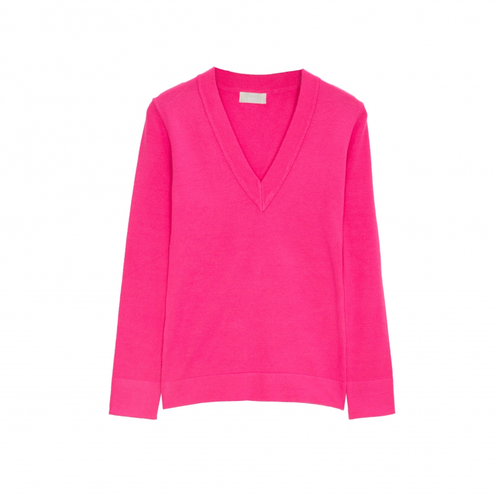 Jersey fucsia con escote V de punto fino Jersey fucsia con escote V de punto fino