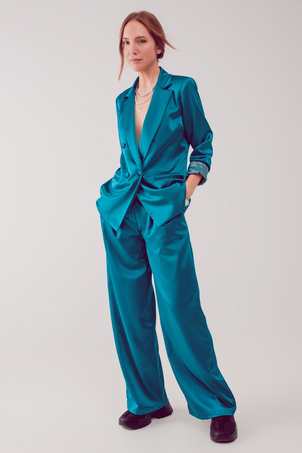Pantalones palazzo con pinzas en turquesa Pantalones palazzo con pinzas en turquesa