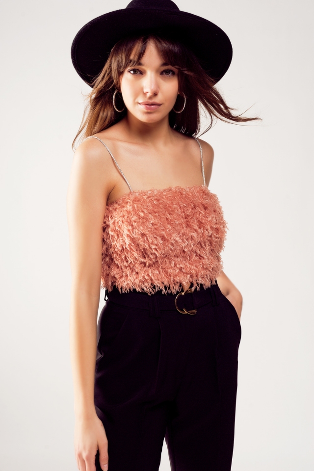 Faux feather crop cami in pink