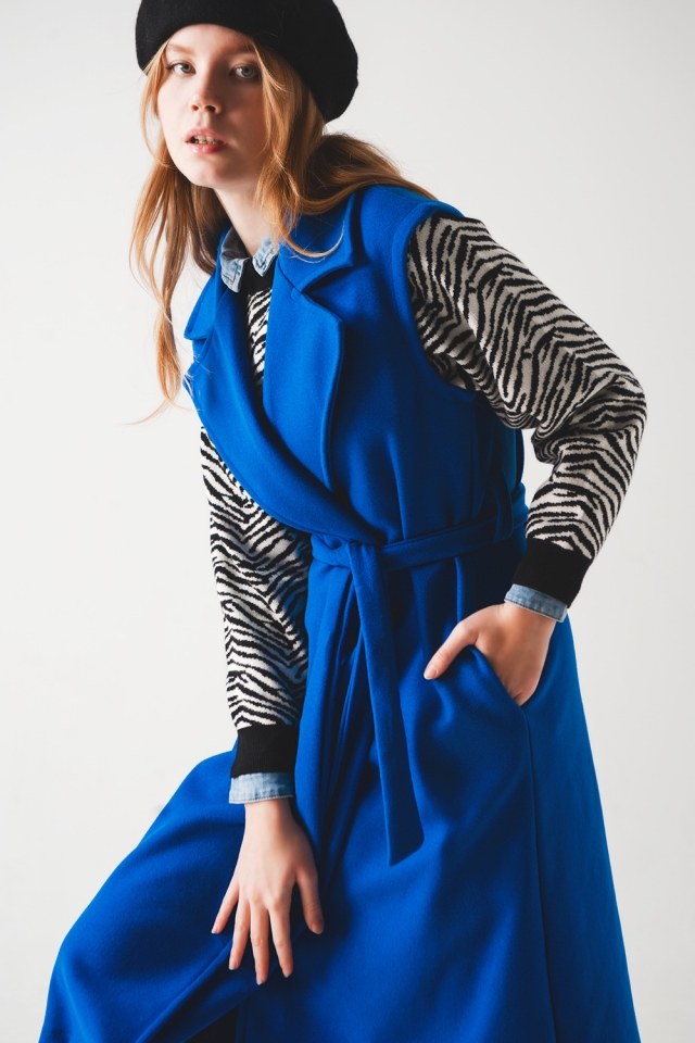 Ultra longline belted gilet in blue