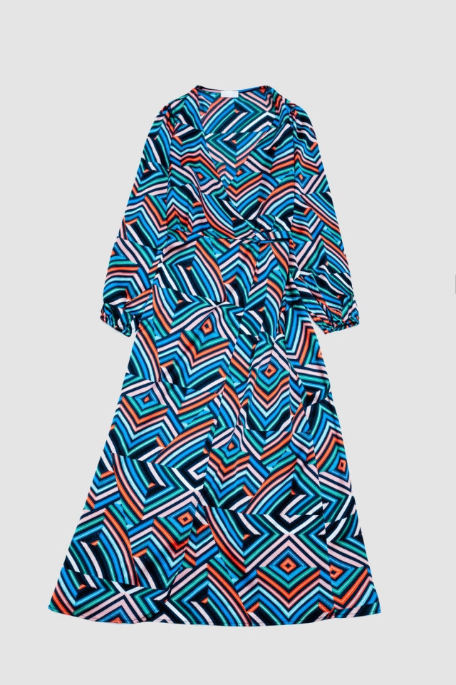 Puff long sleeve long wrap dress in green geo print