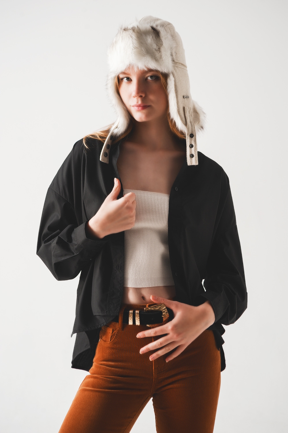 Camisa oversize en mezcla de algod&oacute;n negra
