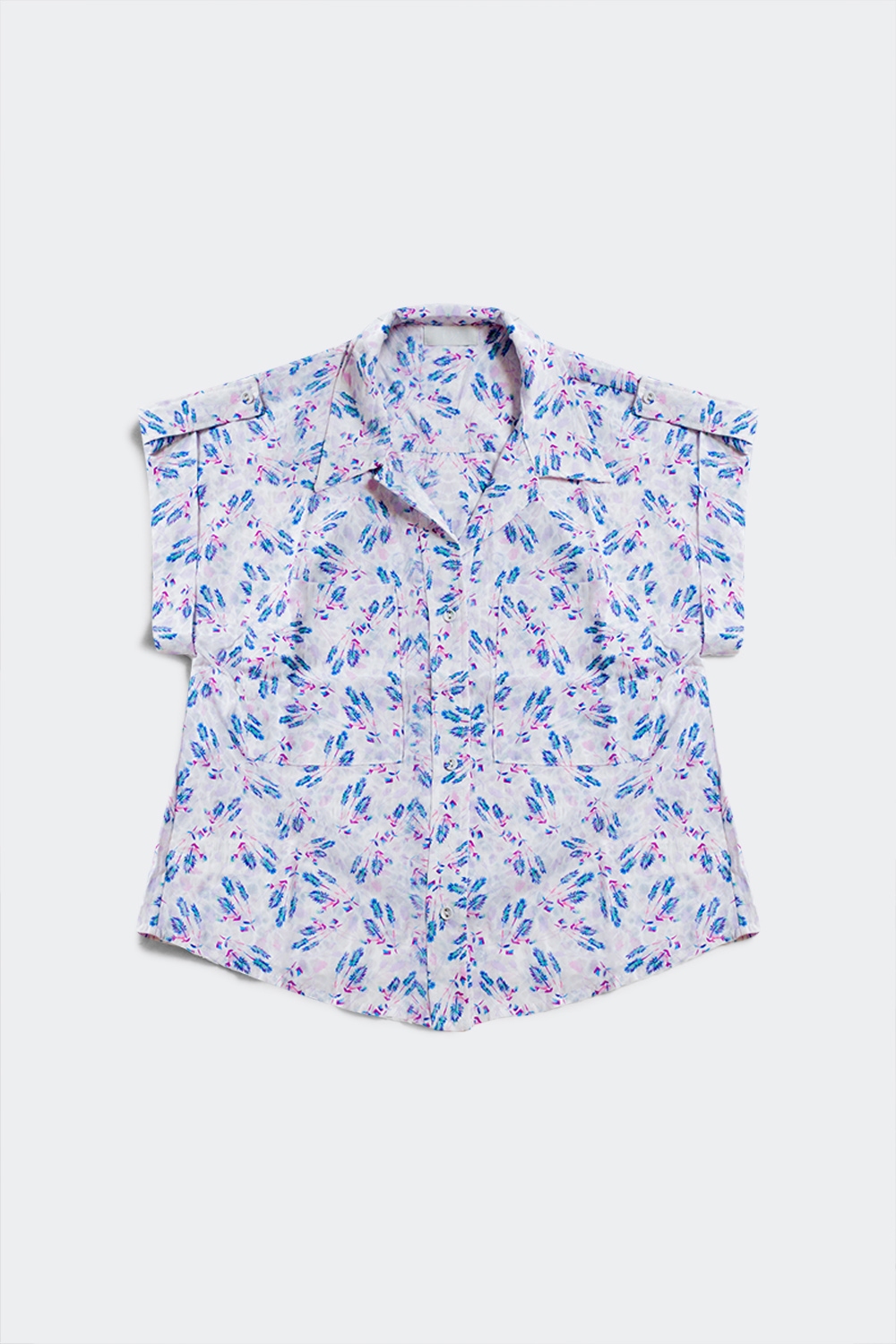 Blusa morada con bolsillos y estampado de florecitas Blusa morada con bolsillos y estampado de florecitas
