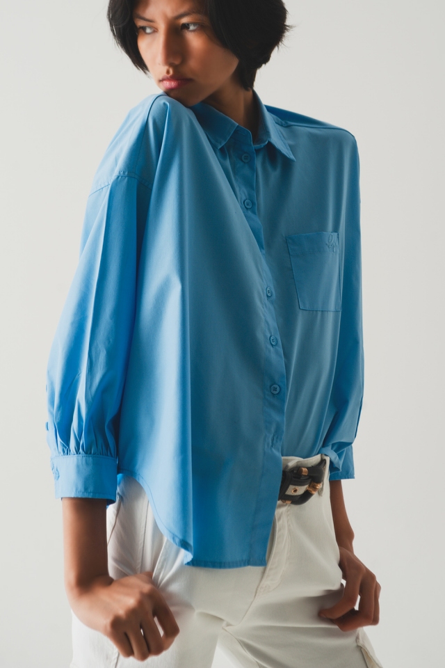 Poplin overhemd met volumineuze mouwen in Blauw