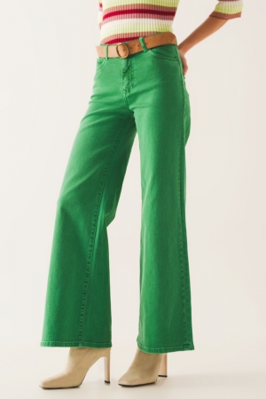Jeans in Grün mit weitem Bein aus Baumwollmix