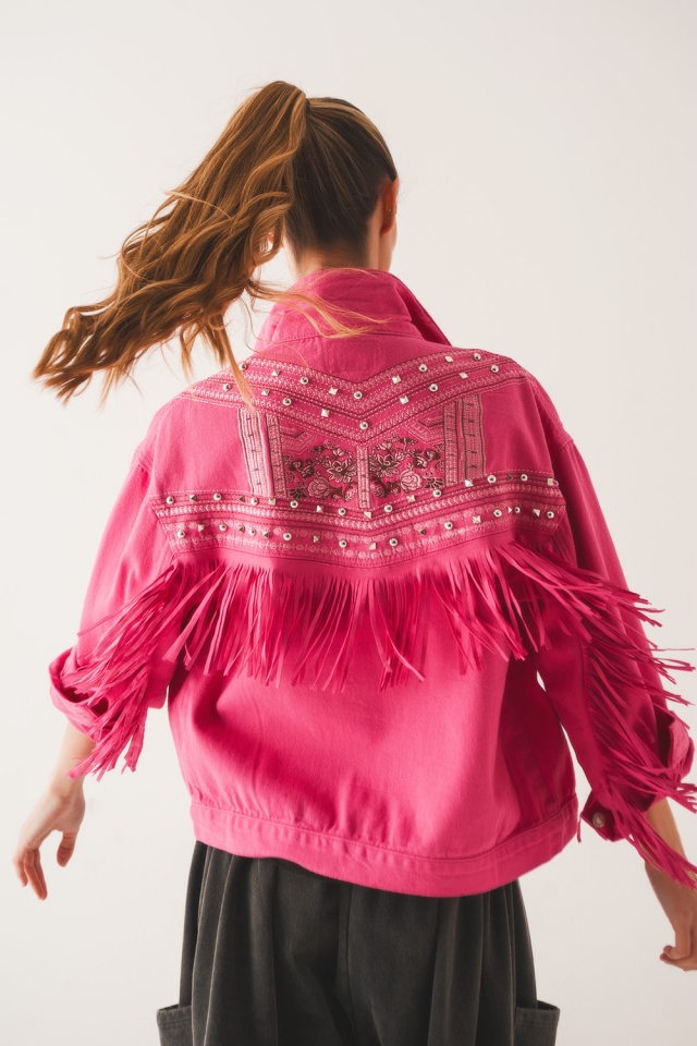 Embellished fringe denim jacket in fuchsia