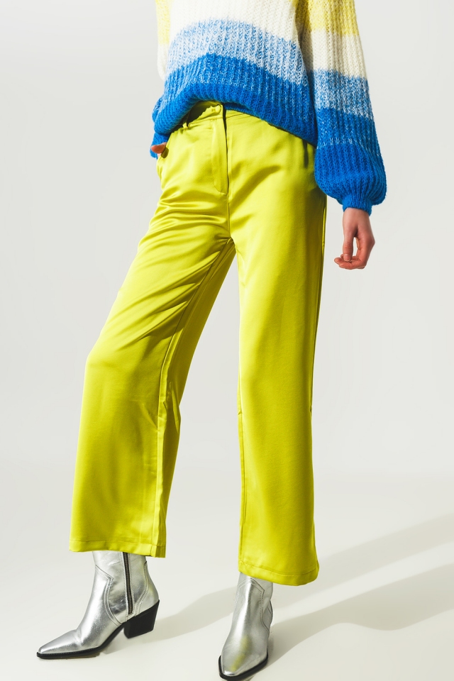 Wide leg satin pants in lime green