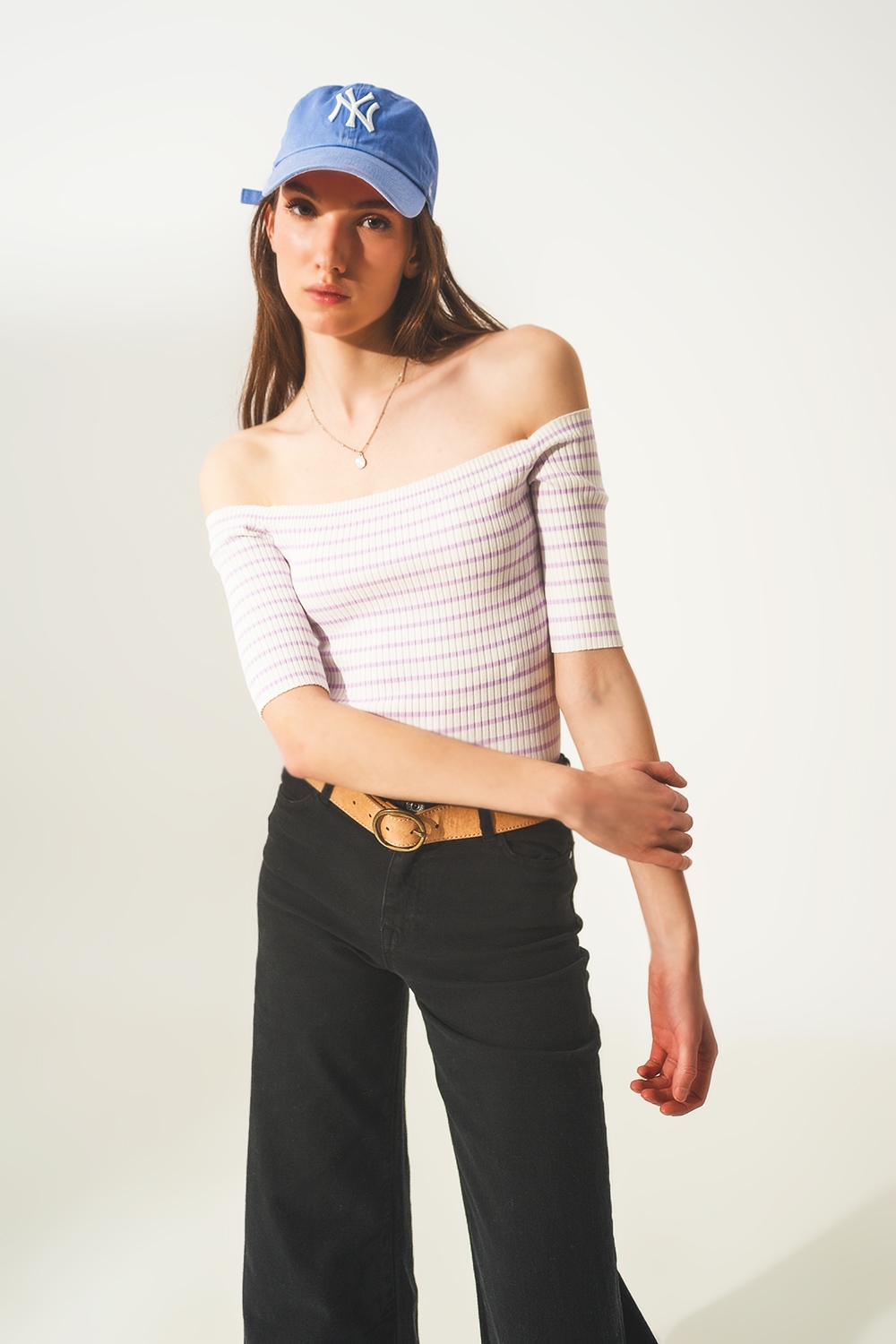 Top lila a rayas con escote Bardot Top lila a rayas con escote Bardot