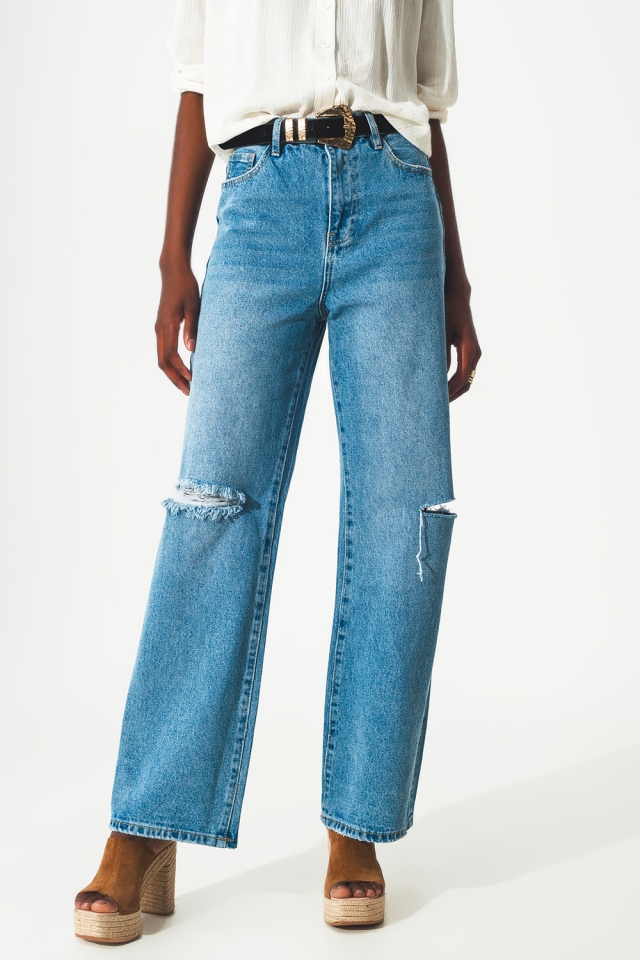 high waist straight leg jeans with ripped knee in blue