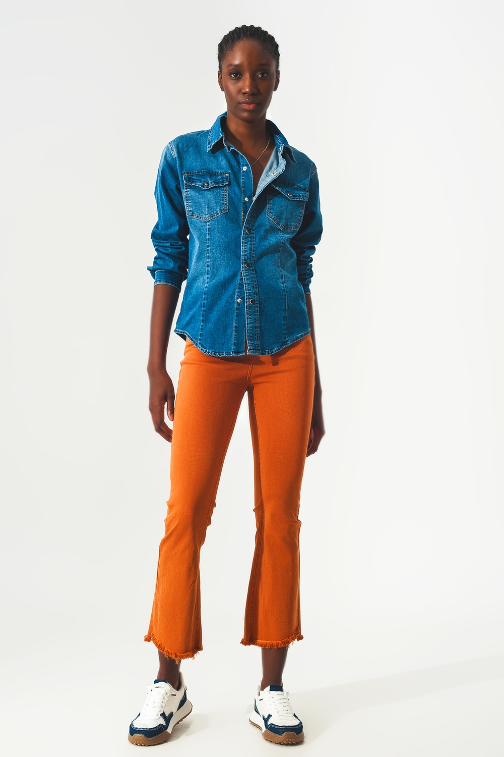 Pantalones de campana con borde de dobladillo sin rematar en naranja Pantalones de campana con borde de dobladillo sin rematar en naranja