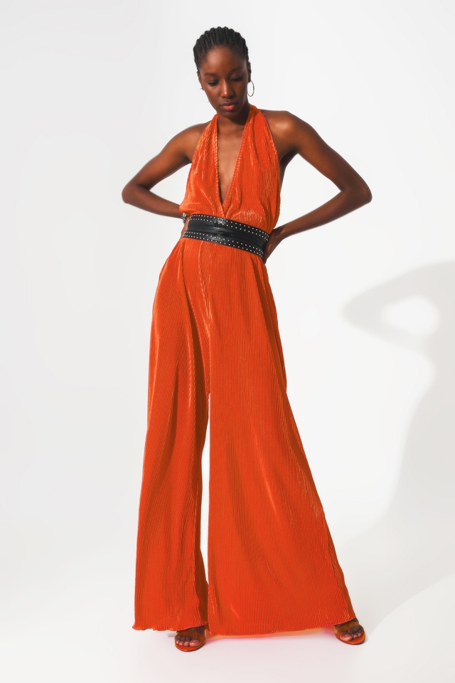 Plissierter Neckholder maxi Jumpsuit aus Satin in orange