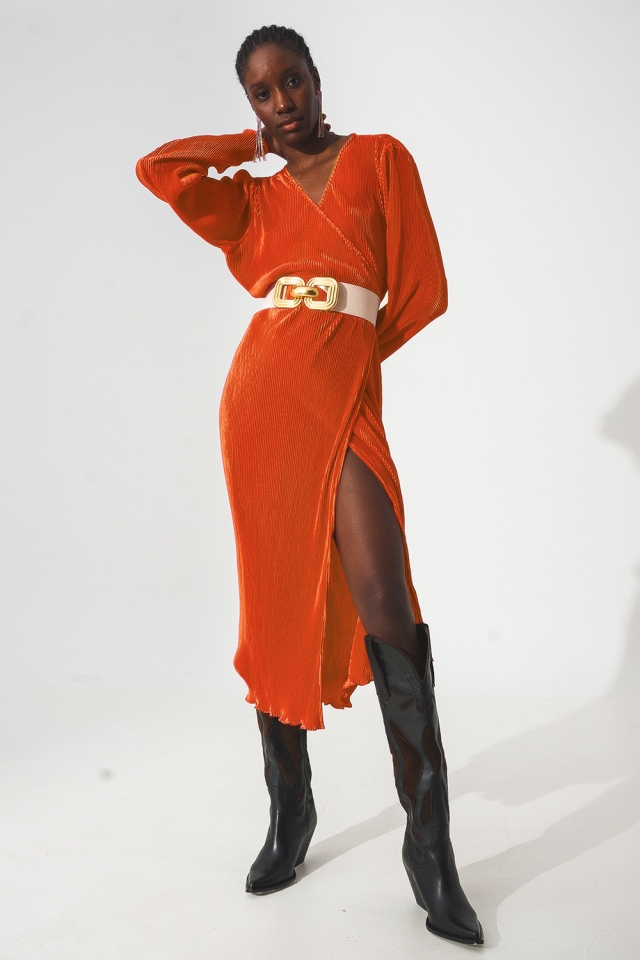 Satin wrap deatil pleated dress in orange