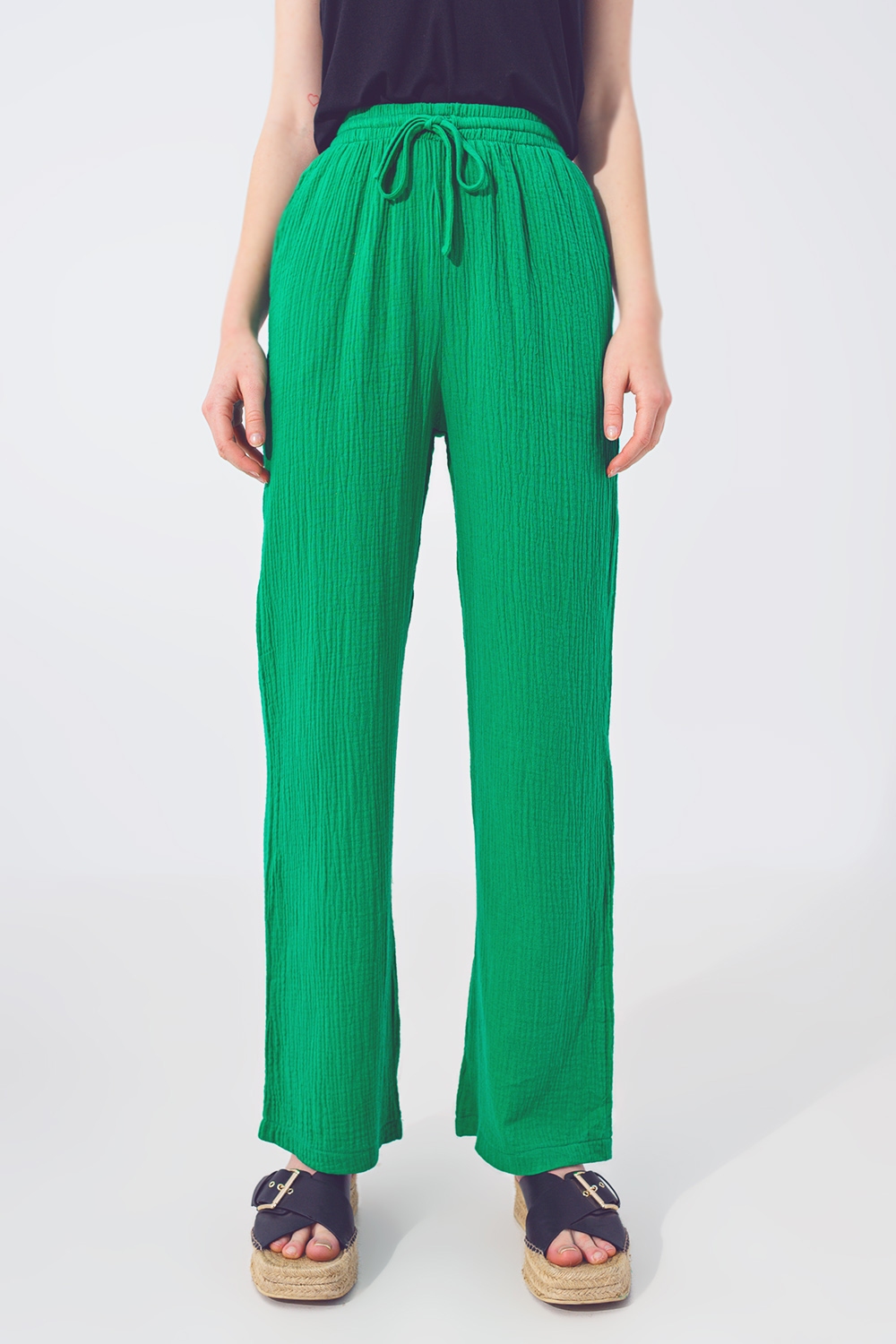 Pantalón Texturizado de Corte Holgado en Verde Pantalón Texturizado de Corte Holgado en Verde
