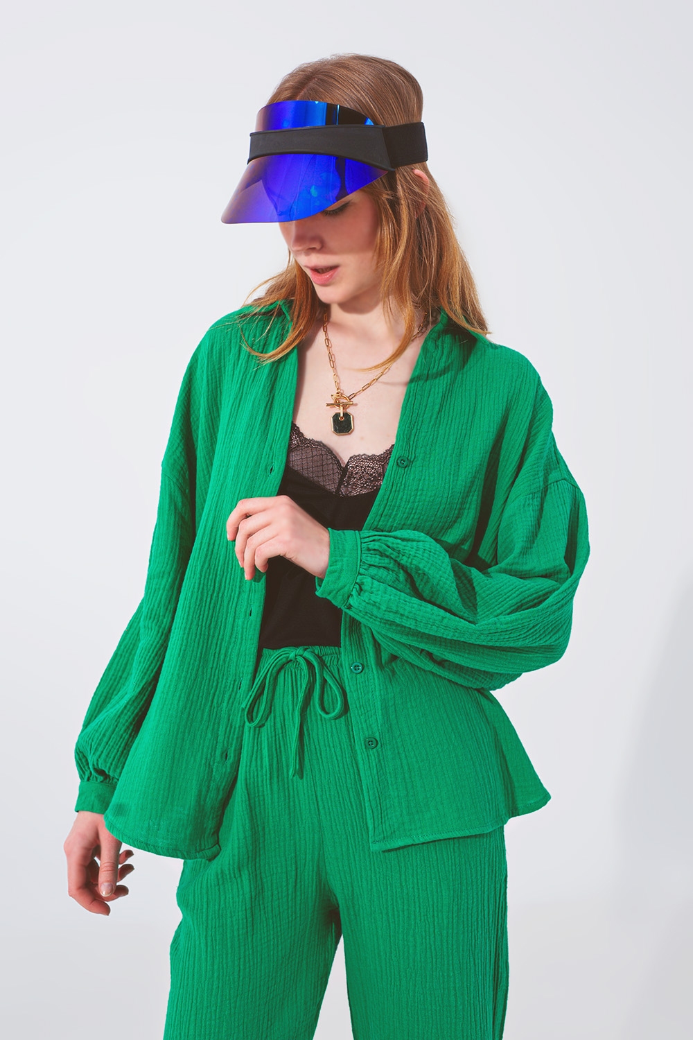 Camisa Texturizada de Corte Holgado en Verde Camisa Texturizada de Corte Holgado en Verde