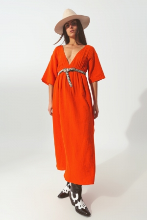 Vestido largo con cuello en V texturizado en naranja