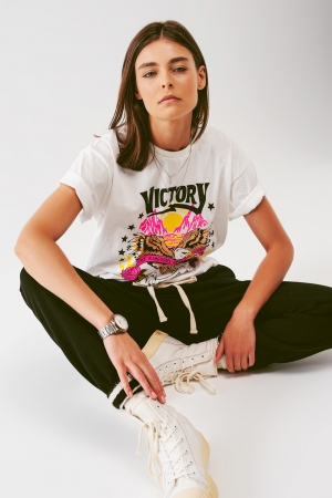 T-Shirt with Victory text in grayish White