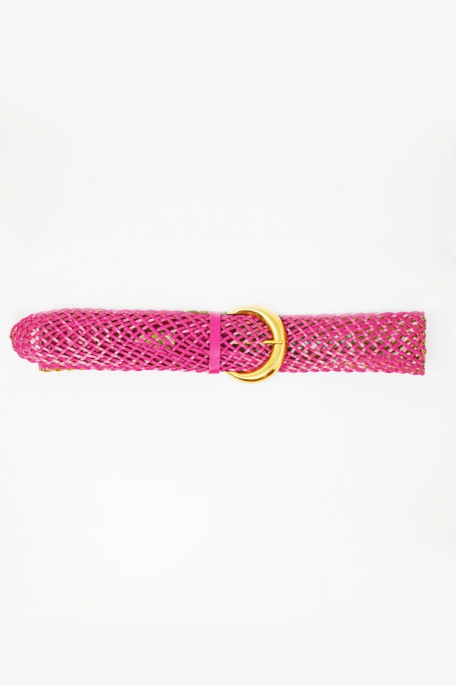 Wide faux leather braided belt with gold buckle in pink