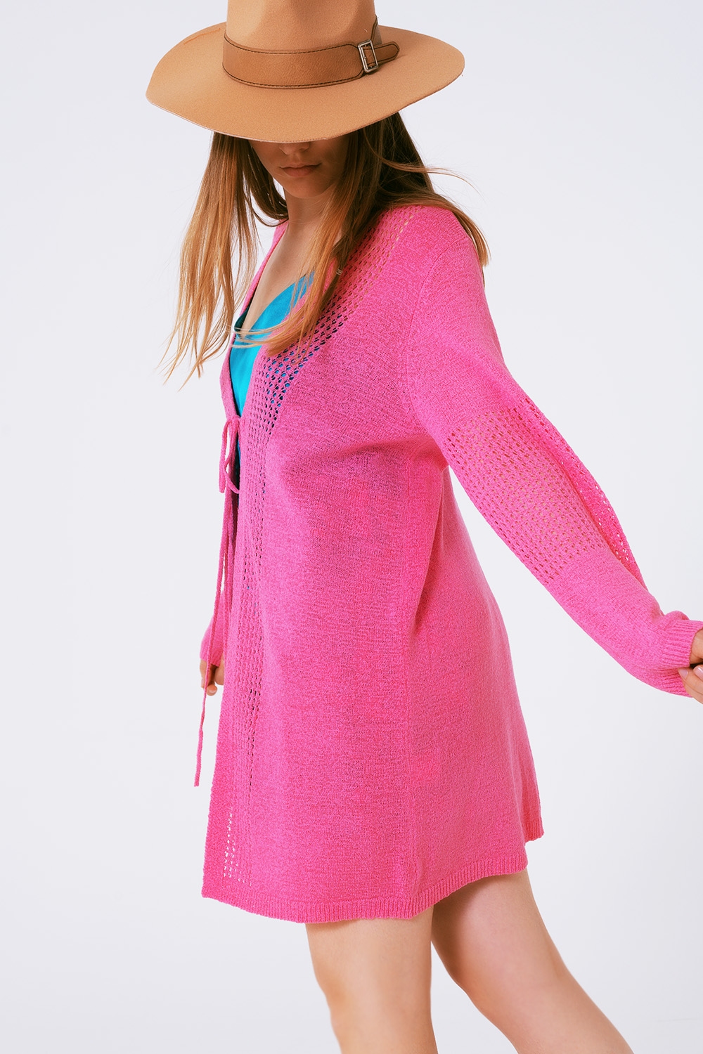 Cárdigan de Croché con Cordón de Ajuste en Rosa Cárdigan de Croché con Cordón de Ajuste en Rosa