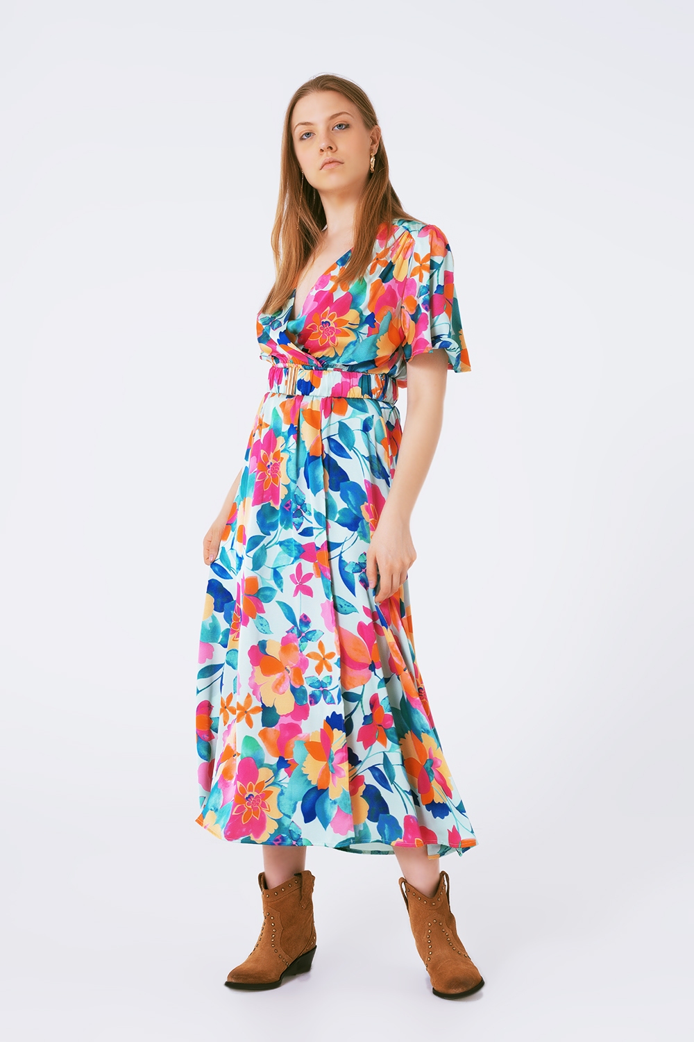 vestido largo de satén suave con cinturón y estampado de flores vestido largo de satén suave con cinturón y estampado de flores
