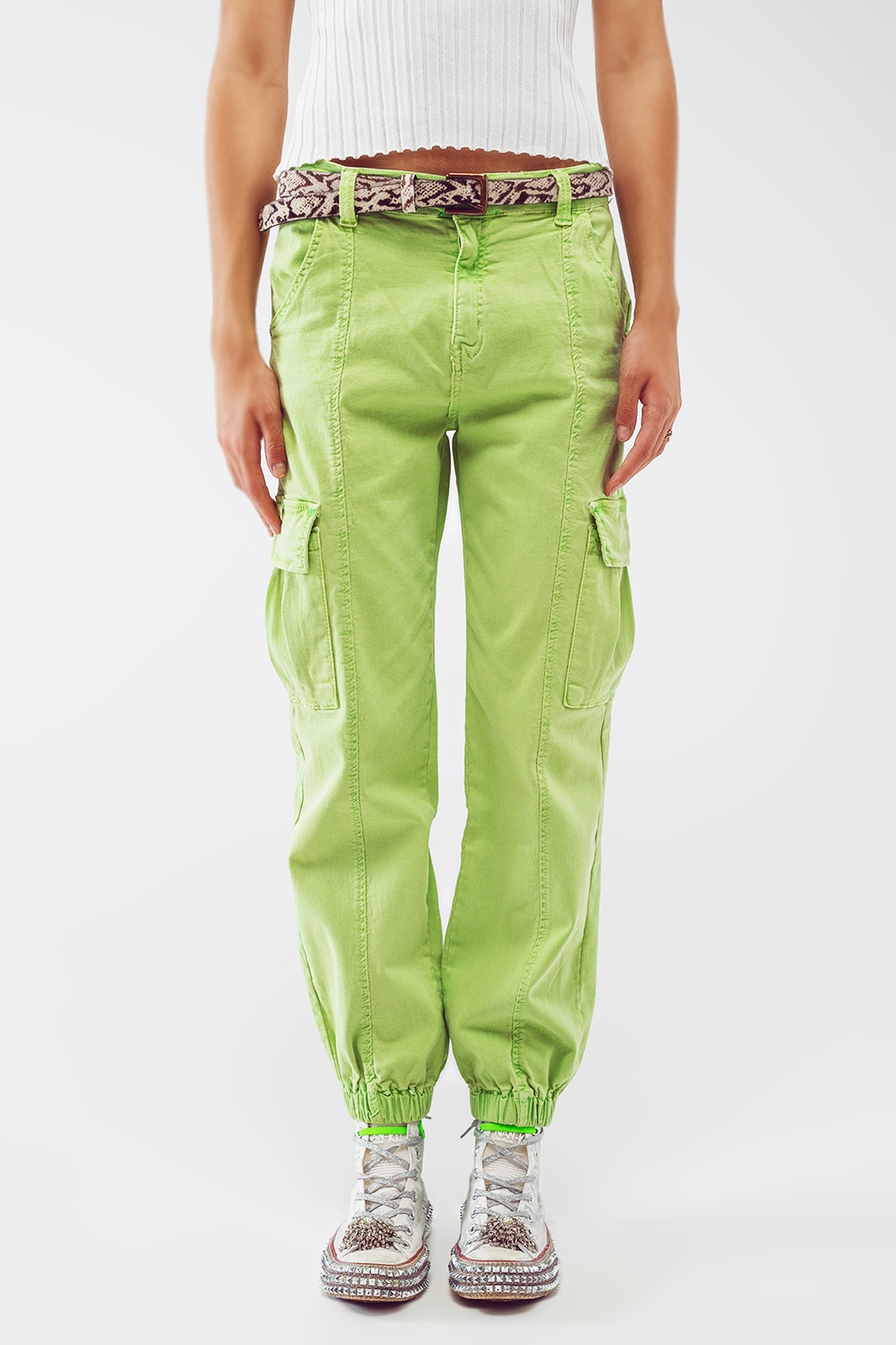Pantalones cargo verde menta con cintura y dobladillo elásticos Pantalones cargo verde menta con cintura y dobladillo elásticos
